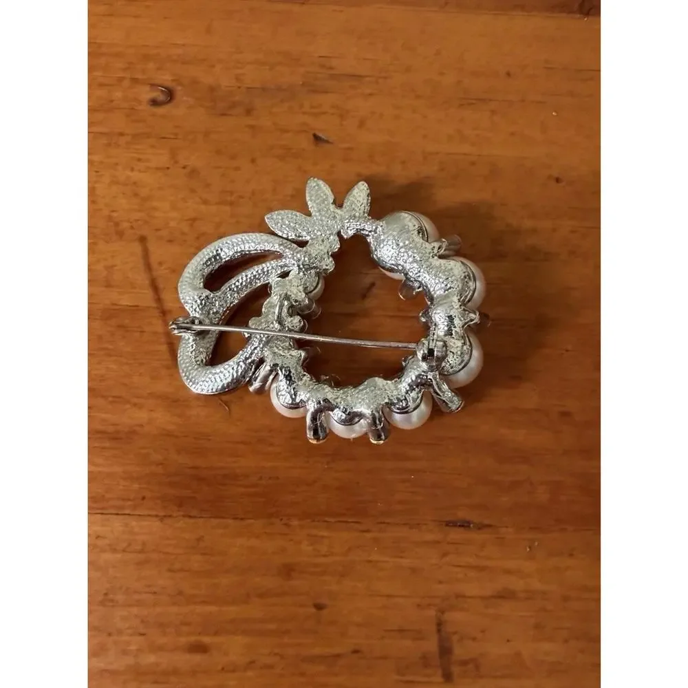 Silver Tone Faux Pearl Rhinestone Wreath Brooch Vintage Style Timeless Feminine